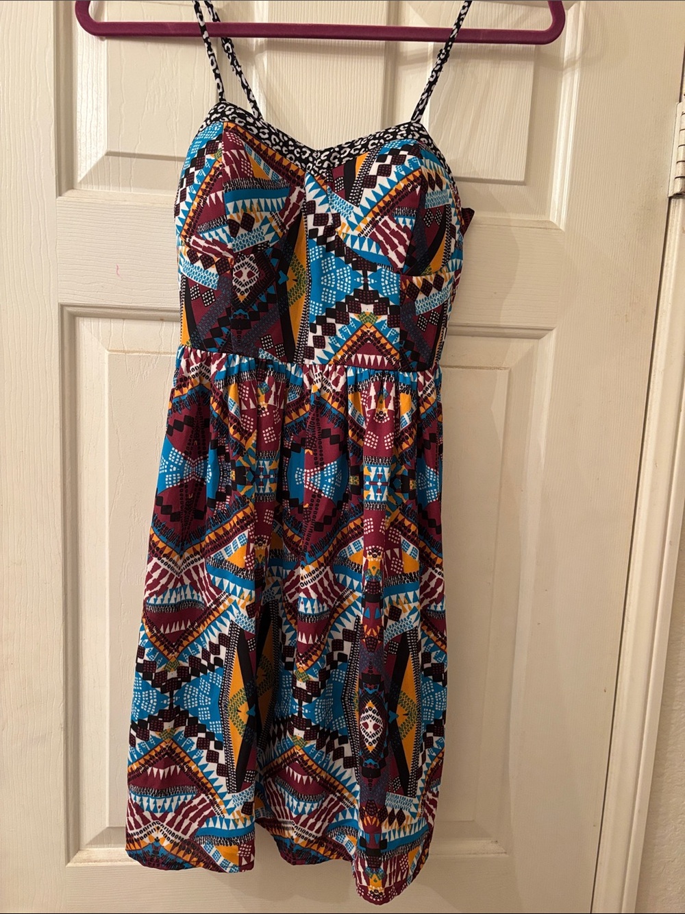 Xhiliration Aztec Print Sundress with Spaghetti Straps - Blue & Maroon